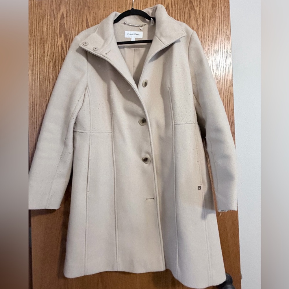 Calvin Klein Cream Single-Breasted Wool Coat